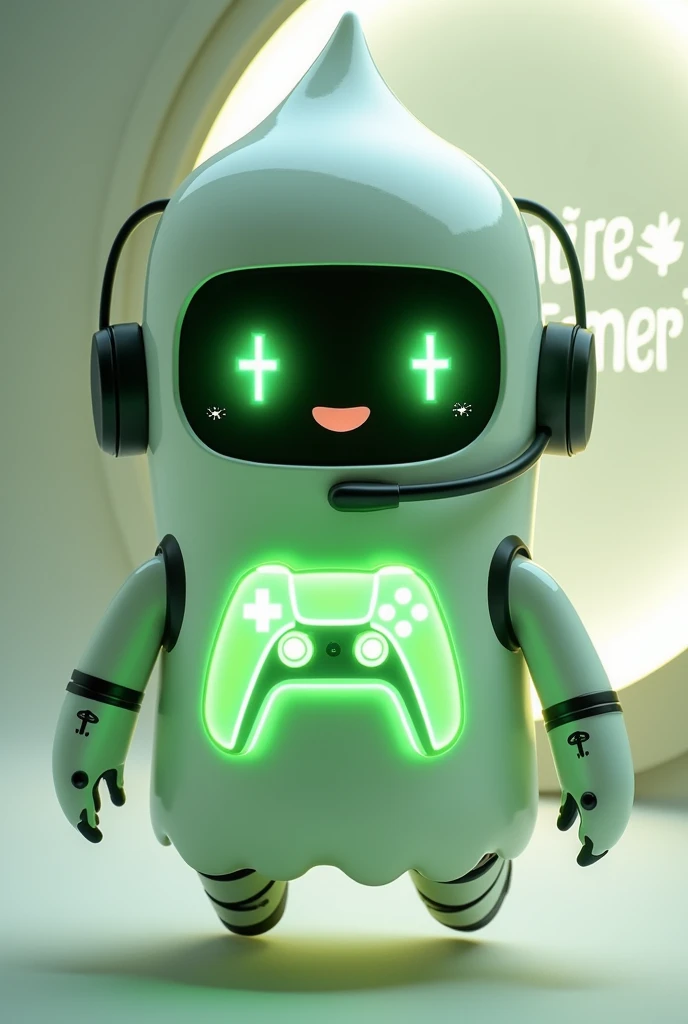 Create a medium-sized robot pet with a ghost-like appearance. With slightly rounded shapes resembling a drop. On your hands you have well defined fingers. His facial expression has large, green eyes with a glow, conveying a friendly and cheerful expression. He has a small open mouth with a happy smile and flushed cheeks.. Its body is white with small green details and a smooth, slightly shiny texture.. He has a headset on his head with an adjustable microphone positioned close to his mouth.. And on his chest you can see the illuminated shape of a Playstation 5 controller in fluorescent green.. It floats in the air, as if he were ready for an adventure. Behind the character you can see a portal and on it is written "Soul Gamer"