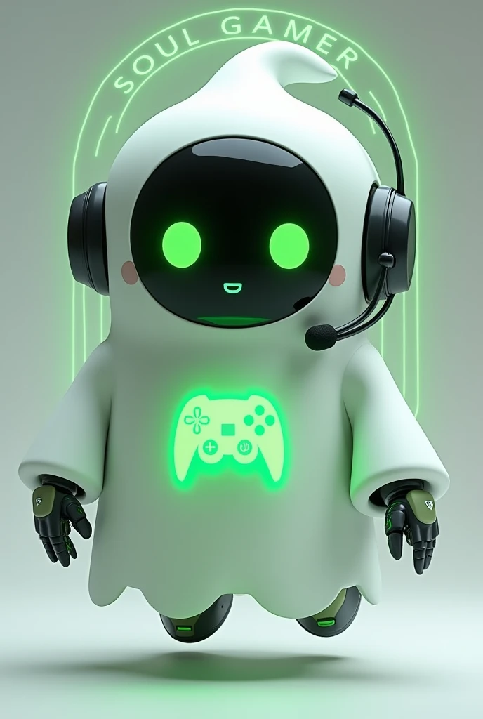 Create a medium-sized robot pet with a ghost-like appearance. With slightly rounded shapes resembling a drop. On your hands you have well defined fingers. His facial expression has large, green eyes with a glow, conveying a friendly and cheerful expression. He has a small open mouth with a happy smile and flushed cheeks.. Its body is white with small green details and a smooth, slightly shiny texture.. He has a headset on his head with an adjustable microphone positioned close to his mouth.. And on his chest you can see the illuminated shape of a Playstation 5 controller in fluorescent green.. It floats in the air, as if he were ready for an adventure. Behind the character you can see a portal and on it is written "Soul Gamer"