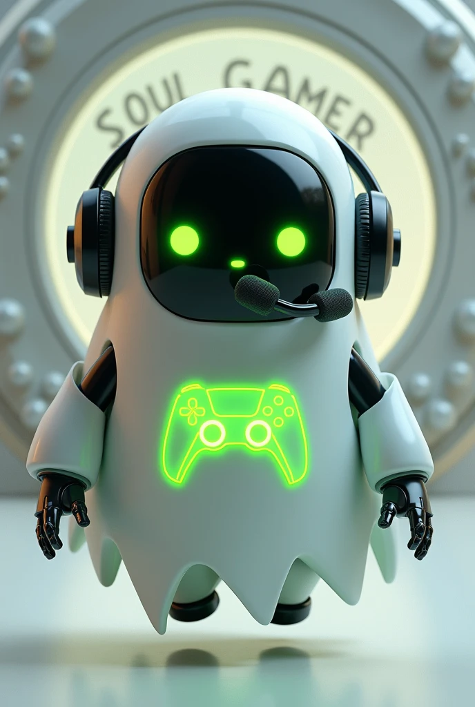 Create a medium-sized robot pet with a ghost-like appearance. With slightly rounded shapes resembling a drop. On your hands you have well defined fingers. His facial expression has large, green eyes with a glow, conveying a friendly and cheerful expression. He has a small open mouth with a happy smile and flushed cheeks.. Its body is white with small green details and a smooth, slightly shiny texture.. He has a headset on his head with an adjustable microphone positioned close to his mouth.. And on his chest you can see the illuminated shape of a Playstation 5 controller in fluorescent green.. It floats in the air, as if he were ready for an adventure. Behind the character you can see a portal and on it is written "Soul Gamer"