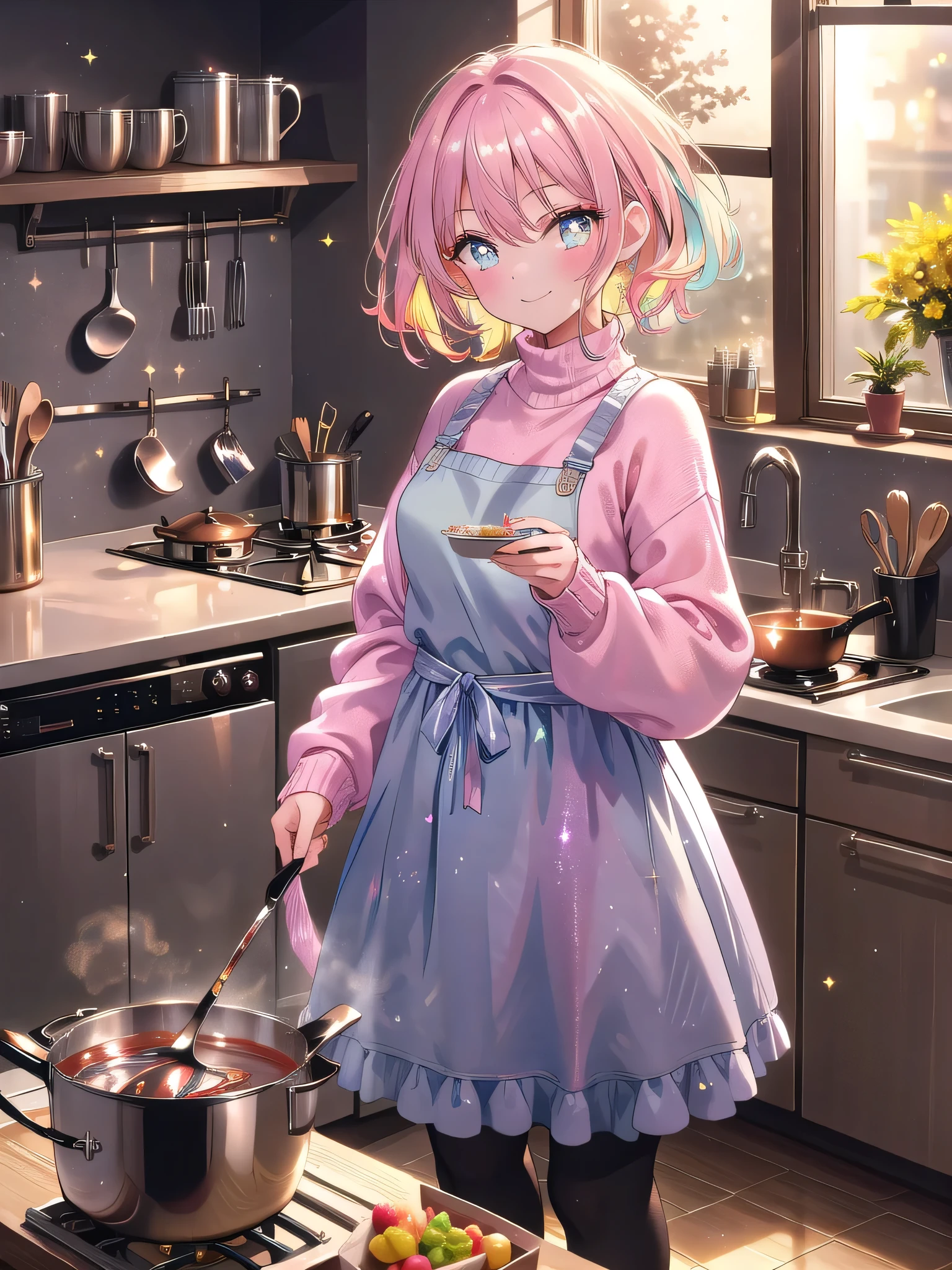 ((8k, Highest quality, masterpiece: 1.3)),Ultra-high resolution,(1 girl, alone), (Color changing eyes, Ultra-detailed, Expressive brilliance, Glitter, Glowing Eyes), Highly detailed eyes, Highly detailed face, Random Hair, ((pastel colour)) In the kitchen, the woman is stirring a pot on the stove, wearing a comfortable sweater and leggings. She’s turned slightly towards the camera, giving a playful smirk as if caught in the middle of preparing a surprise. The kitchen is cozy, with soft lighting and ingredients spread out on the counter.