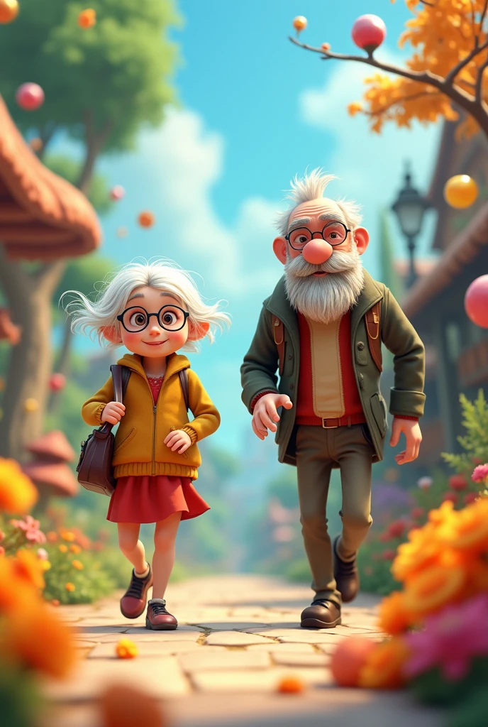 Create two fantastic old characters Ms. Speed and Mr. Acceleration with tranes showing their characteristics and in a cute Movement Kingdom forkids