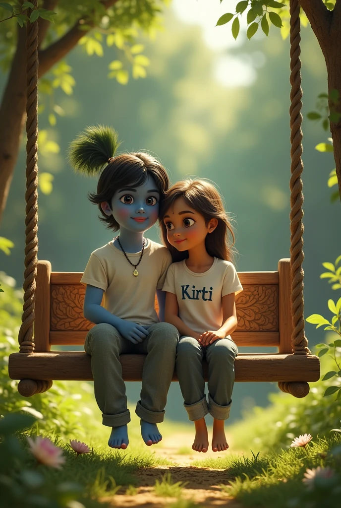 A girl and lord Krishna are both sitting on a swing and the girl is wearing a white t-shirt and Kirti is written on the t-shirt and the girl is wearing grey jeans and her color is white