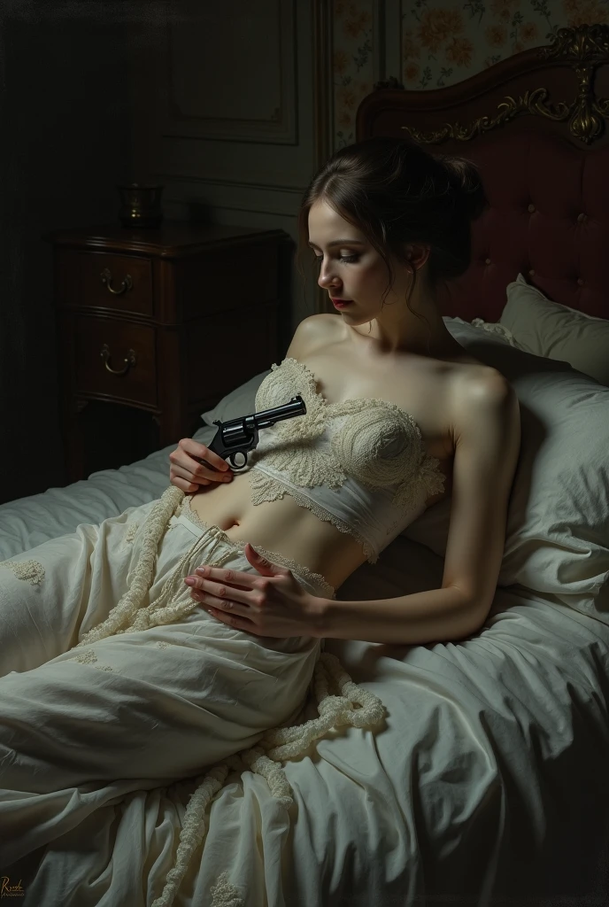 Beautiful European woman getting a revolver bullet deep in her navel, she watches herself die.
