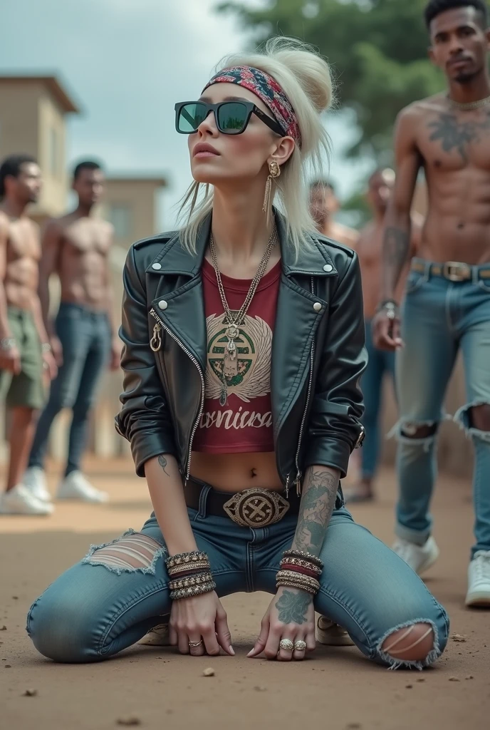 russian old milf woman, , blonde platinum hair (beehive bun) and wide colourful bandana as headband). Wearing oversized square maxi sunglasses. Square jaw, with very light green eyes, extremely pale. No tan. Wearing aged cropped black moto jacket (zippers on the side). Cropped short dark red push up t-shirt with winged swastikaa logo and gothic lettering,, dark skinny low rise blue jeans with holes on knees (white cotton visible). White tennis sneakers and bead bracelets around ankles. Lots of thick wide studded bracelets, chain collars and big rings. Tacky wide studded leather belt with skull and bones oval buckle. Long earrings with chains and feathers. Kneeling, chin up looking at the sky, stretching her neck.. Hands on knees, spread legs, Toned abdominals, thin neck, slim legs and thin arms. Narrow hips. Heavily tattooed in colour on chest, hands, neck and arms. Crowded dirt street of Nairobi with shirtless men crowding behind her