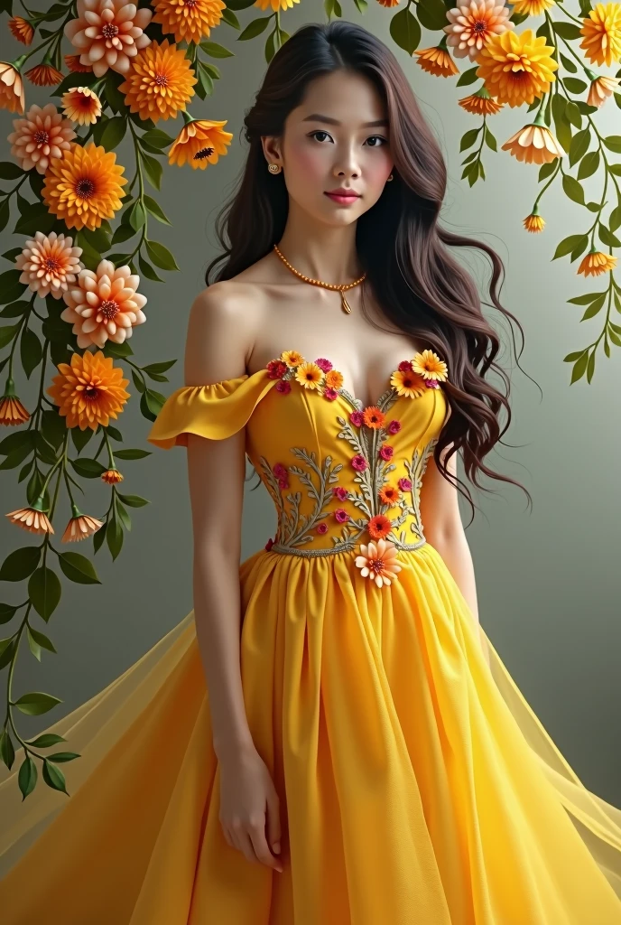 Real. Pinay wearing yellow gown with arounding flowers 