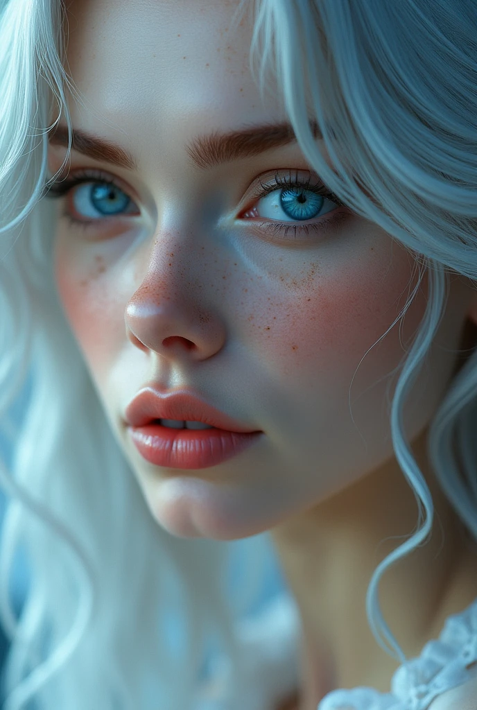 Women, electric blue eyes, straight upturned nose, freckles, light brown eyebrows, semi-wavy silver hair, captivating eyes, white complexion, full lips