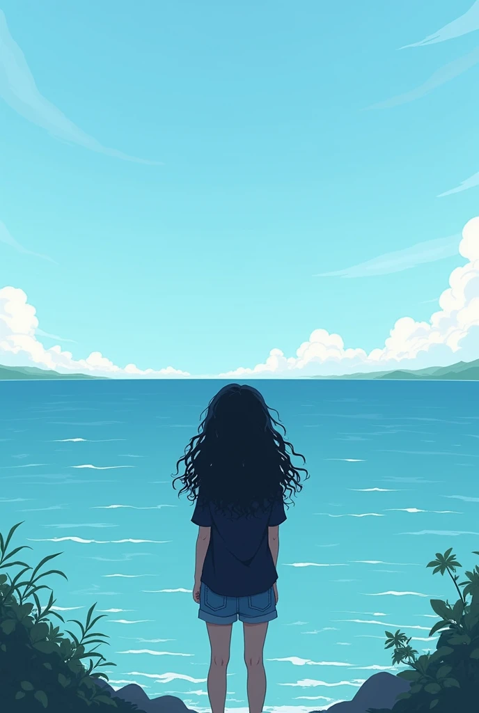 A girl with black long curly long hair is sitting looking at the sea in a black shirt and denim shorts anime