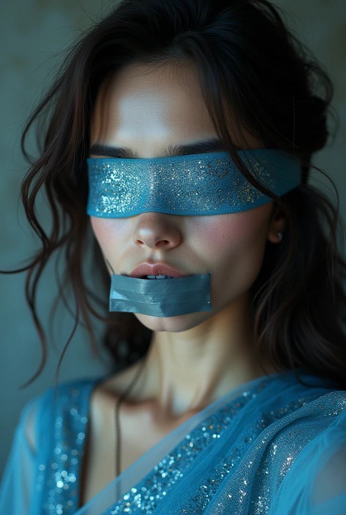 Aesthetic girl blindfolded duct tape gagged in blue sparkling shimmering saree taking selfie