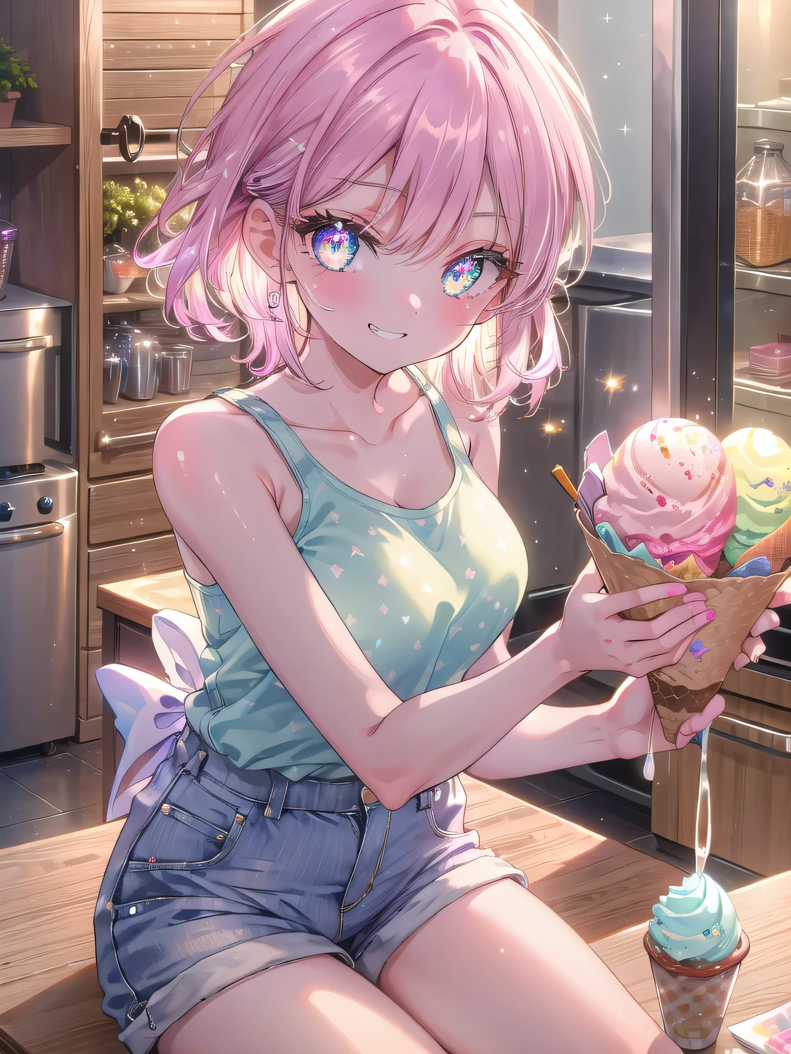 ((8k, Highest quality, masterpiece: 1.3)),Ultra-high resolution,(1 girl, alone), (Color changing eyes, Ultra-detailed, Expressive brilliance, Glitter, Glowing Eyes), Highly detailed eyes, Highly detailed face, Random Hair, ((pastel colour)) The woman is sitting on the kitchen counter, dressed in a loose tank top and shorts, holding a bowl of ice cream. She’s looking at the camera with a mischievous grin, as if caught in the act of indulging in a late-night treat. The kitchen is dimly lit, with only the refrigerator light providing a glow.