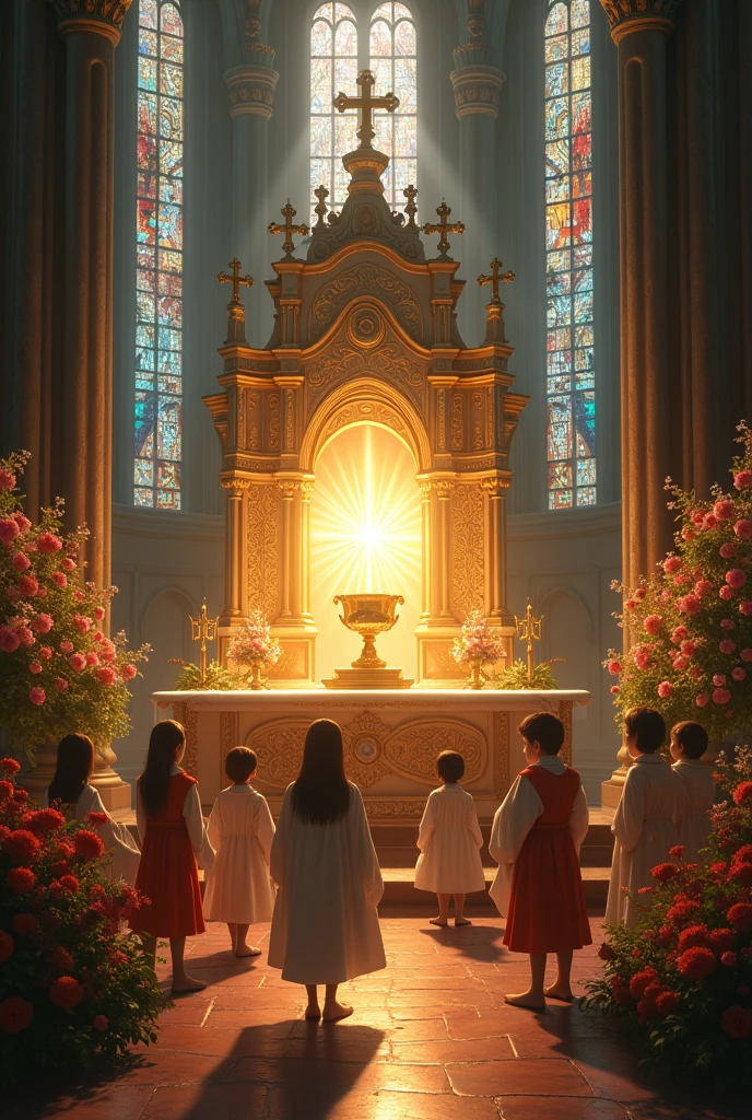 altar, monstrance, children, flowers
