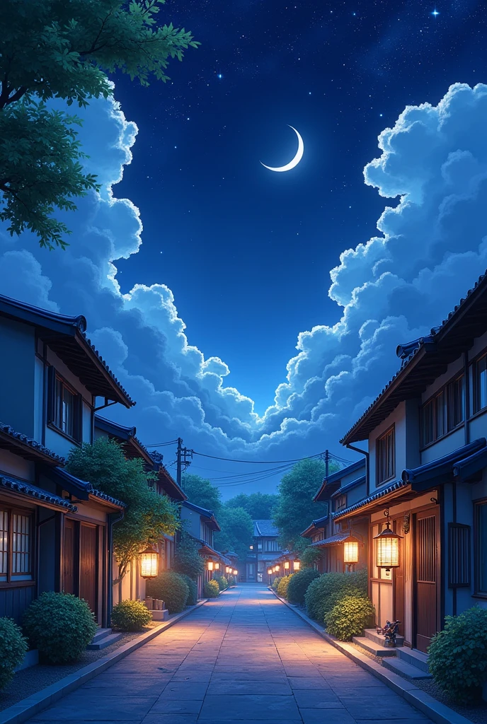 make a picture of Japan old Street view, night sky with Stars , moon , beutiful trees , realistic, Anime , stars in the sky , bright,  cotton clouds, multiple stars, old Japanese houses