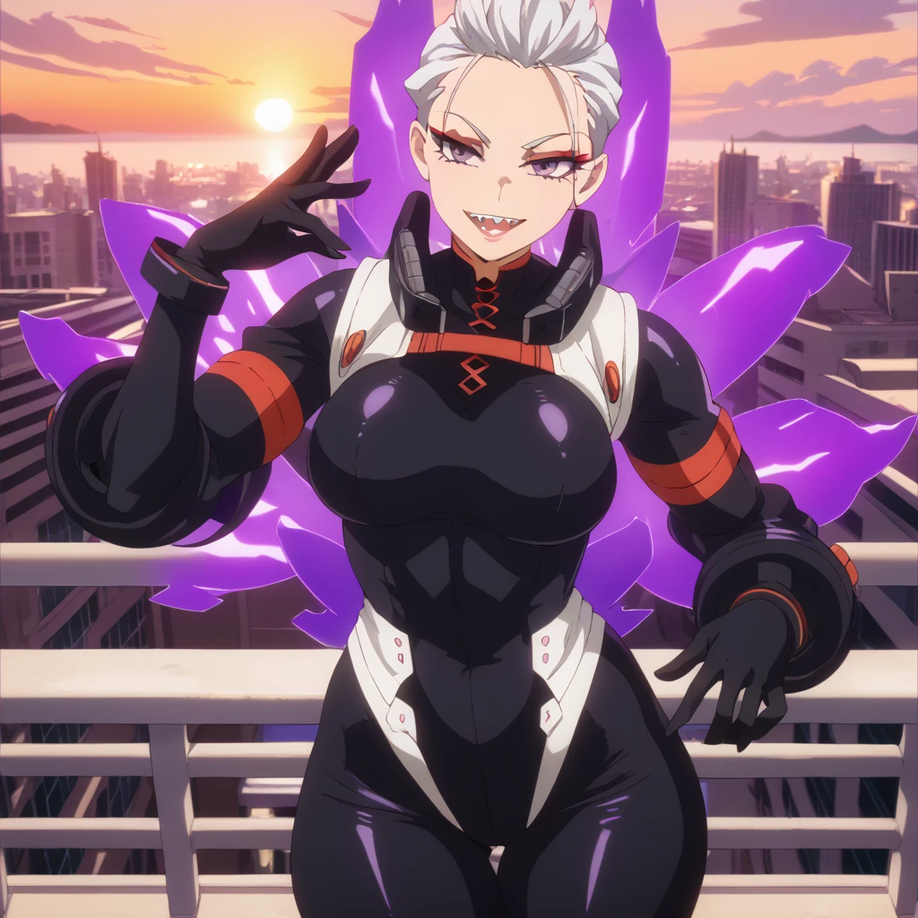 (NSFW) Detailed, best quality, 1 female, big arms, purple aura, cowboy shot, big hips, MHA style, black body suit, heavy artillery suit, gloves, white hair, half shaved hair, purple eyes, fully lidded eyes, evil eyes, eyeliner, large open smile, sharp teeth, stocky, very muscular, balcony, city background, beautiful sunset sky, samurai suit, upgraded suit, separated tits, sexy, powerful, jet power