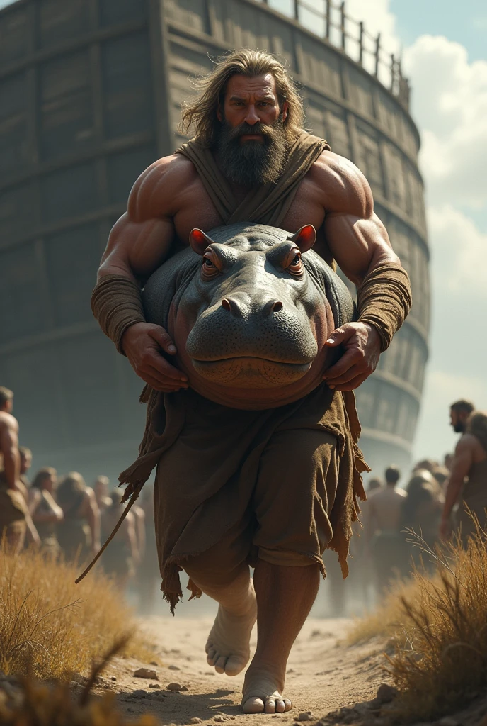 Noah's Ark Scene, strong muscular old Noah carrying a hippopotamus in his arms going towards the giant boat that already has several animals inside