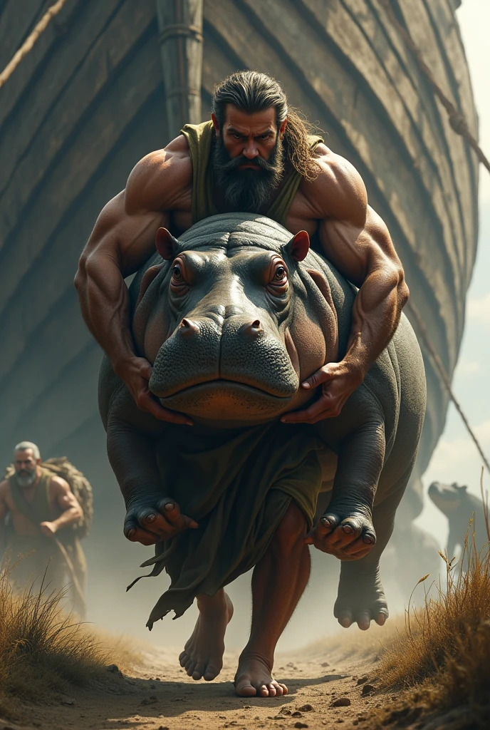 Noah's Ark Scene, strong muscular old Noah carrying a hippopotamus in his arms going towards the giant boat that already has several animals inside