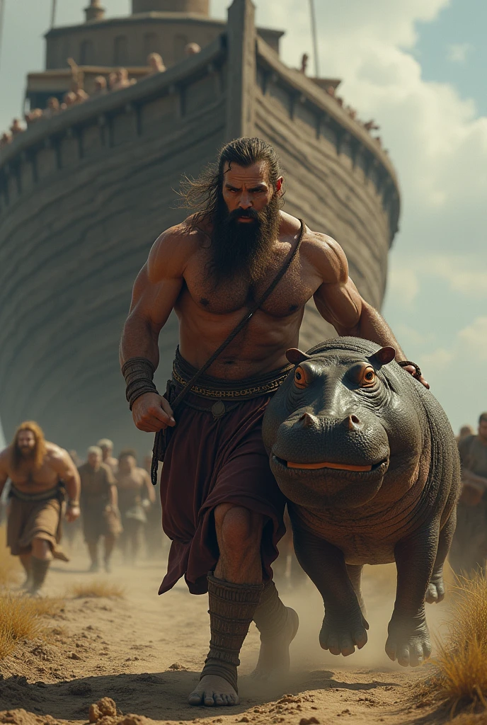 Noah's Ark Scene, strong muscular old Noah carrying a hippopotamus in his arms going towards the giant boat that already has several animals inside