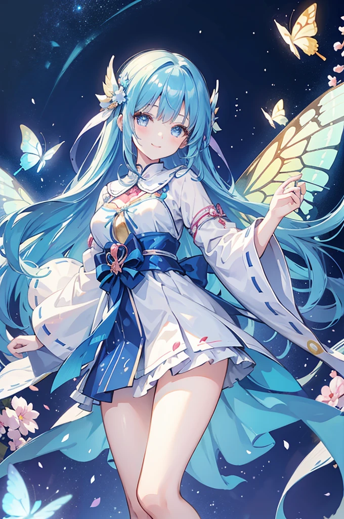 A girl with long blue hair, wearing a shrine dress, hands creating magic, smiling face, surrounded by flying butterflies, magical and shimmering colors, magical and sparkling effects, panoramic view from afar