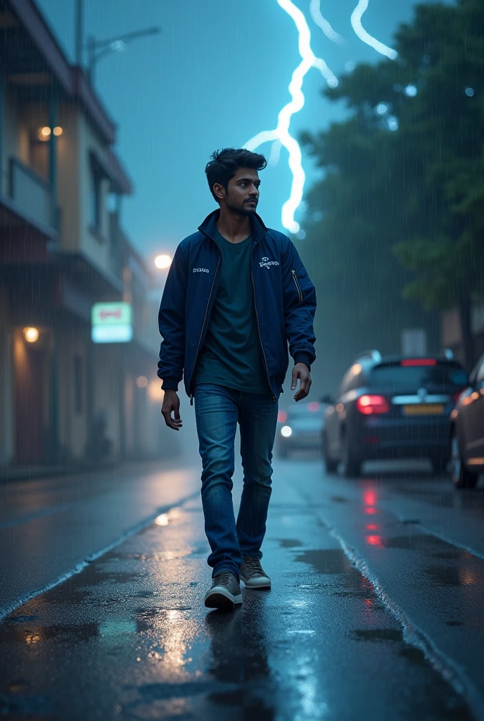 19 years younger boy walking on a deserted street during a storm: The street must be wet from the rain, with lightning in the background, and young must be dressed in casual clothes, looking thoughtful and intrigued.the young boy wearing blue jaket, and jeans pent, YOGESH RATHOR name on the jaket