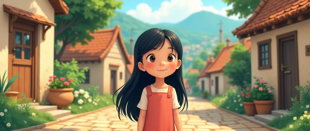 A black hair girl who live in the small village in 2d animation