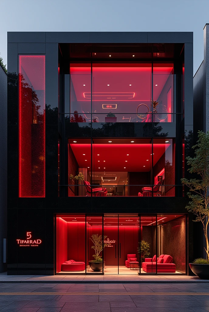 Draw a beauty spa luxurious, classy, extremely large beauty company with the name TIFARED sign,Draw outside the store,Modern,Black and RED.Big