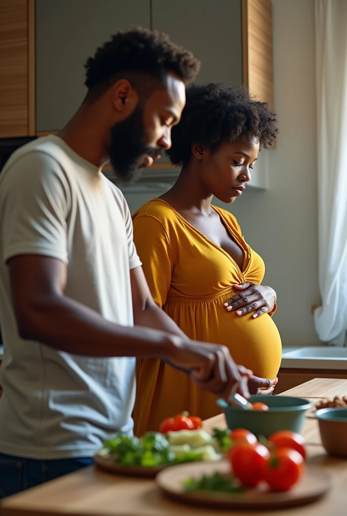 Put a ZimVitals logo, with the Z having Zimbabwean flag colours green, yellow, red and black colour. 

Create a realistic picture of a black couple, the wife is pregnant and the husband is cooking in the kitchen. Make the couple's age around 30 years both. 