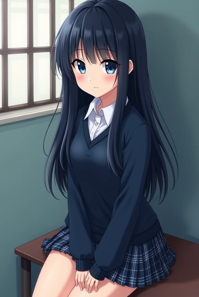 Create - hair: he has long and straight hair, Black with a dark blue tone. She usually wears it loose with straight bangs..
- eyes: His eyes are large and dark blue..
- face: She has a reserved expression and often appears shy or serious..
- Height and Build: He is of medium height and has a slim build..
- CLOTHES: in the series, He usually wears the typical Japanese school uniform., with a white blouse and a short plaid skirt, In addition to a dark blue sweater, sometimes she has the size of melons and buttocks of similar size.