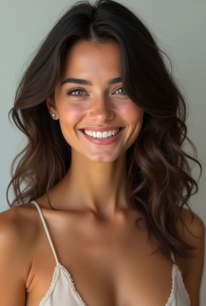 Jeune femme, 25 ans, espagnole portugaise, 1m60, le corps mince, magnifique visage, belle grosse poitrine, peau matte et bronzée, cheveux châtains foncé et ondulés avec du volume, yeux en amandes de couleur verts gris, souriante avec les dents ultra blanches, lèvres pulpeuses, beaucoup de charme, naturelle, pas de tâches de rousseur sur le visage, résolution 4K, ultra réaliste, photo entière de son visage et de son corps de face,