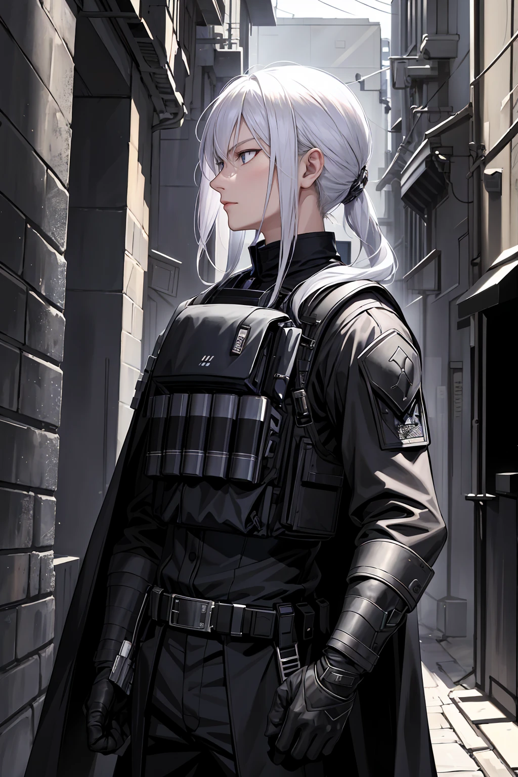profile, upper body, from, ((masterpiece)), best quality, extremely detailed face, correct exposure, perfect lighting, depth of view, (sci-fi black clothes, light bulletproof vest, many belts, modern clothes,)), man, young man with white fluffy hair, bratty expression, young man, purple eyes, knife holders on the belt, in a narrow gateway, a narrow space, looking at viewer, daylight, on street, in narrow alley
