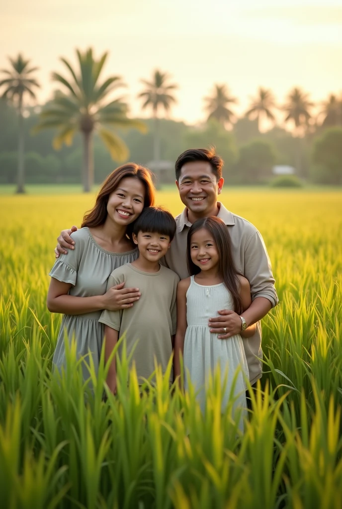 Family photo with two children, rice field background