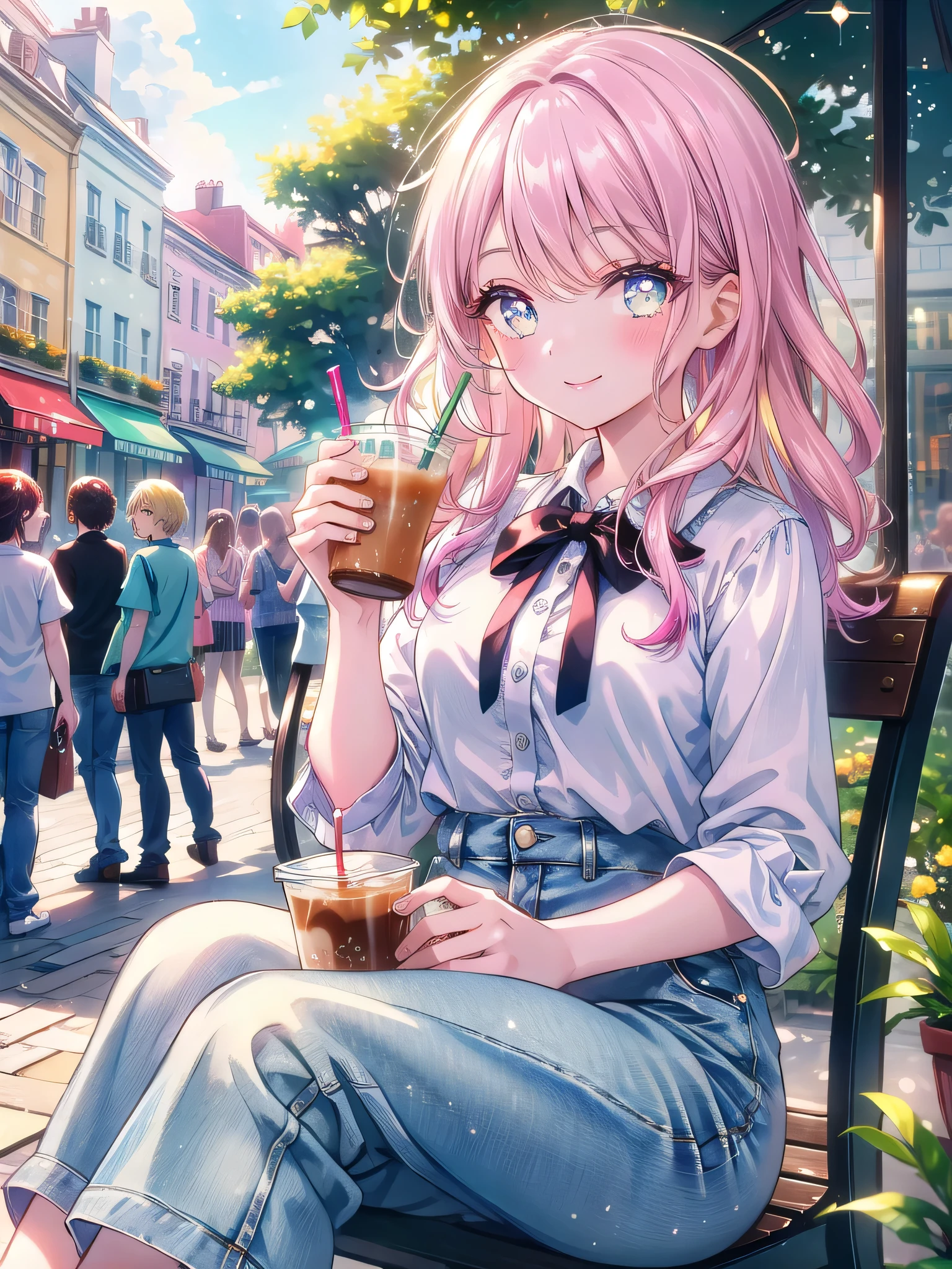 ((8k, Highest quality, masterpiece: 1.3)),Ultra-high resolution,(1 girl, alone), (Color changing eyes, Ultra-detailed, Expressive brilliance, Glitter, Glowing Eyes), Highly detailed eyes, Highly detailed face, Random Hair, ((pastel colour))Casual Lunch Outing: Sitting at an outdoor café, the woman is dressed in a light blouse and jeans, sipping on an iced coffee. She’s looking at the camera with a bright, happy smile, enjoying the warm weather. The café is bustling with people, and the street is lined with shops and greenery.