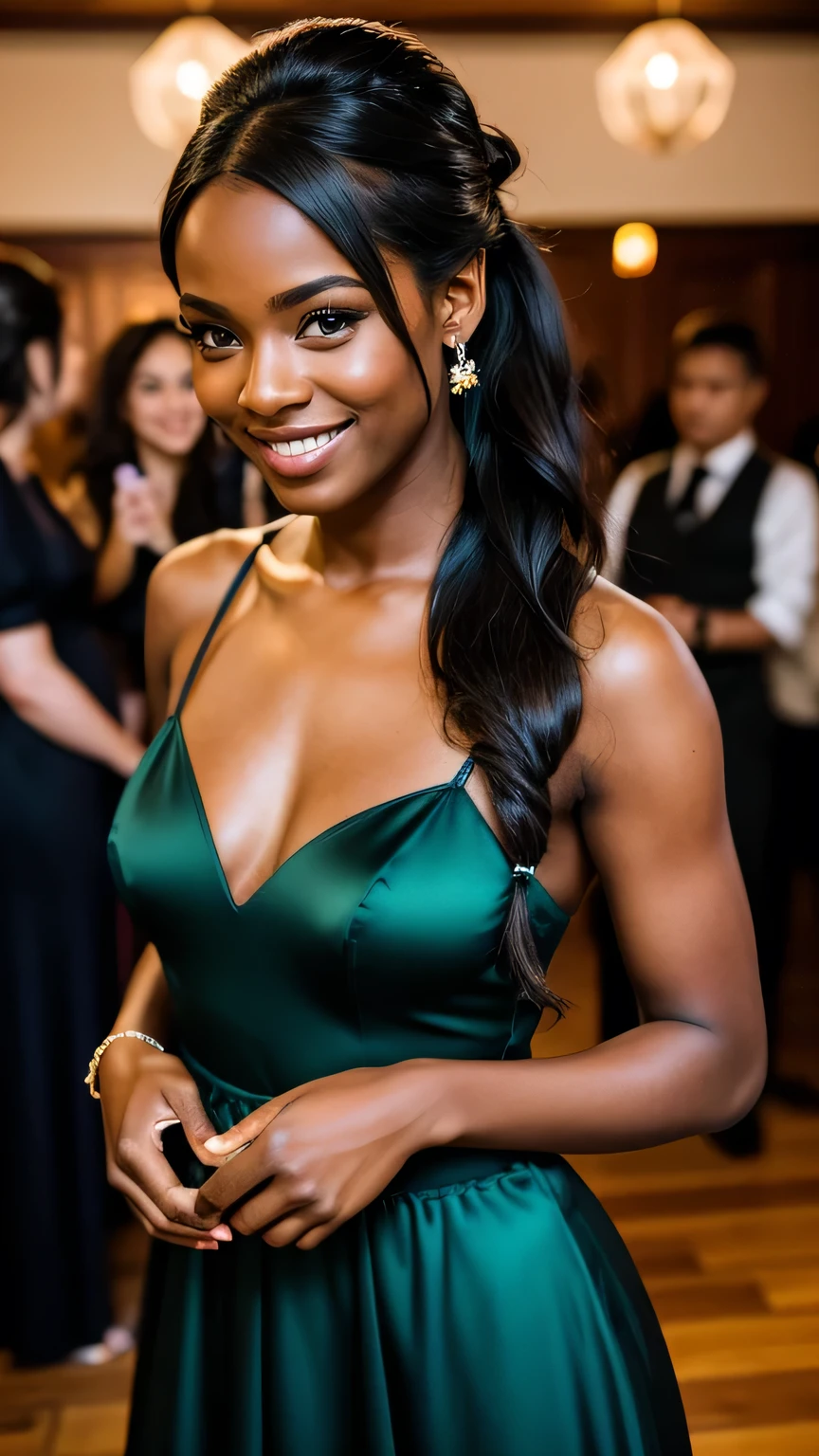 Realistic full body photo of a smiling black young girl with long hair, black skin, ponytail hairstyle, She dances in front of the camera in a long A-line bridesmaid dress with straps made of shiny dark green satin., Park,glamour fotoshooting, Wedding celebration, perfect anatomy, perfect brown eyes. Perfect hands with 5 fingers on each hand, Matching girl, look into the camera, 1 Frau. (Eye make up:1.1), (highly detailed skin:1.1), spirit, analog style, keen focus, 8K UHD, dslr, good quality, Fujifilm XT3, Grain, Award-winning, masterpiece. Wedding celebration