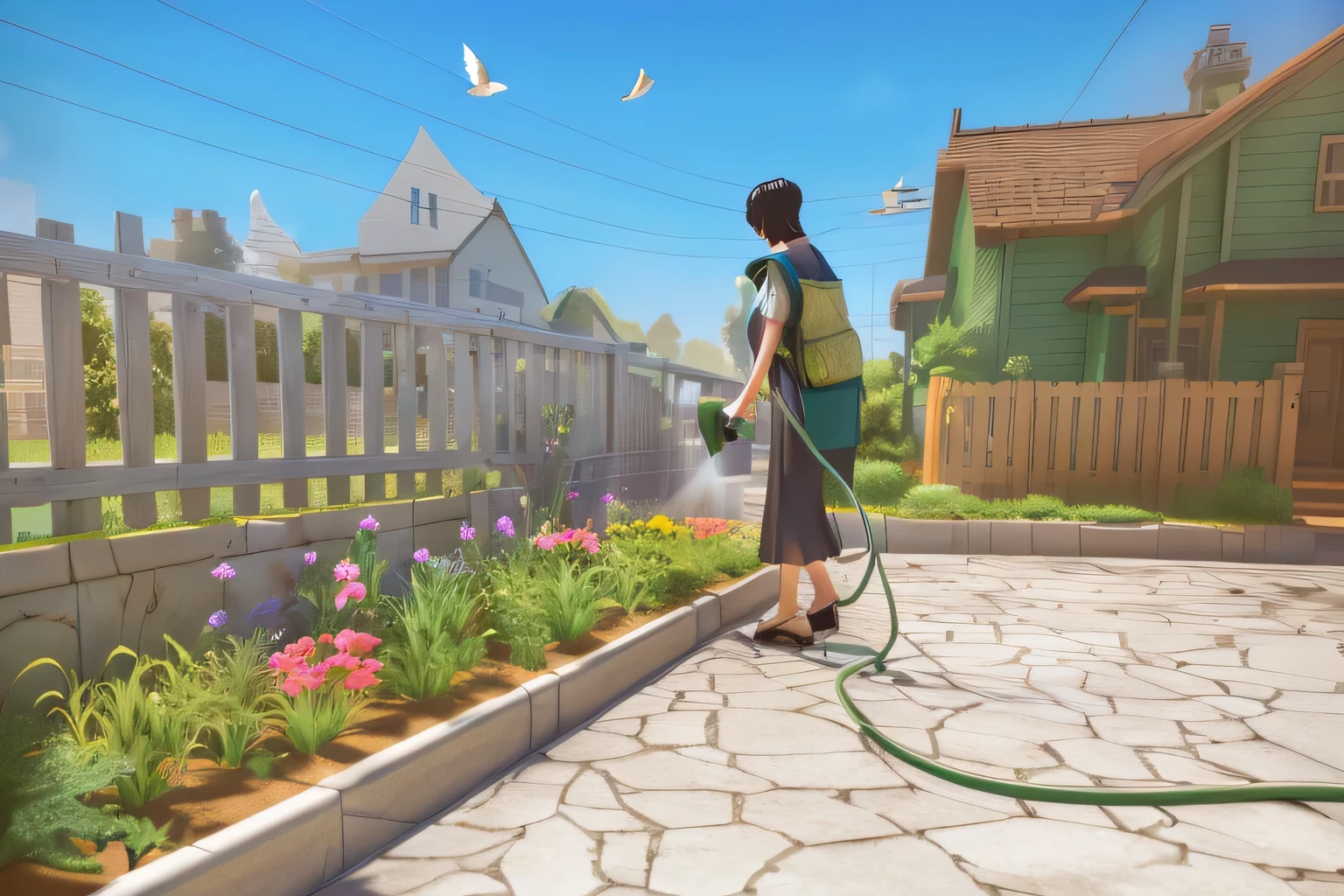 old lady watering the plants walking down a sidewalk with a hose and a bird flying overhead, in style of makoto shinkai, makoto shinkai art style, makoto shinkai style, realistic anime 3 d style, makoto shinkai. digital render, makoto shinkai cyril rolando, inspired by Makoto Shinkai, makoto shinkai. high detail, totally realistic game icon type