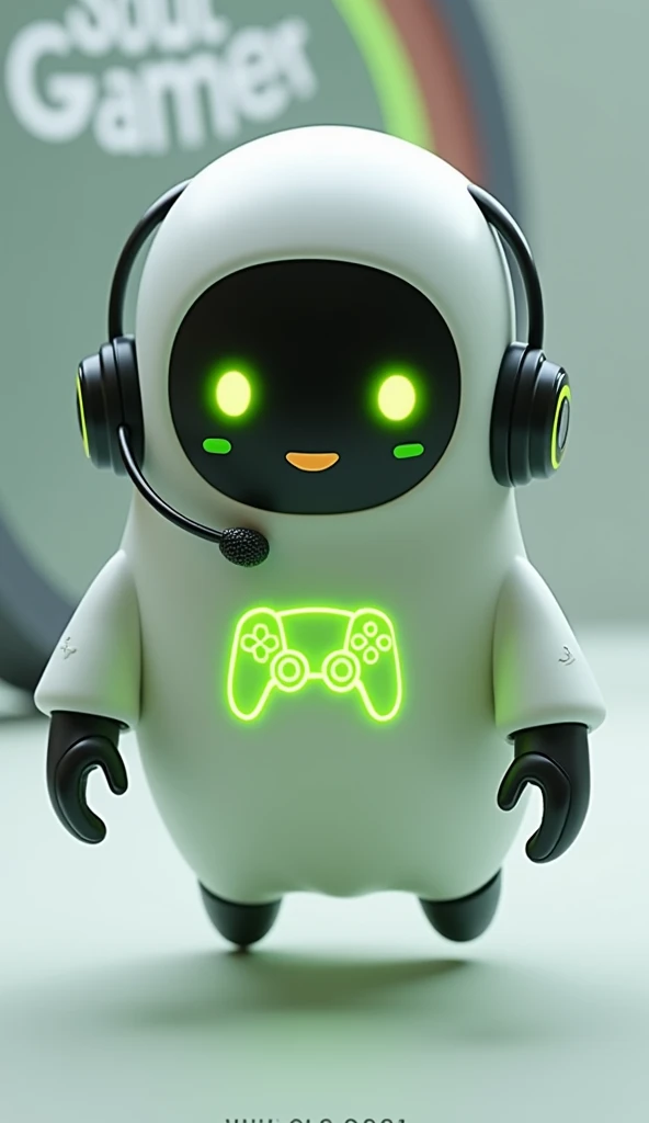 Create a medium-sized robot pet with a ghost-like appearance. With slightly rounded shapes resembling a drop. On your hands you have well defined fingers. His facial expression has large, green eyes with a glow, conveying a friendly and cheerful expression. He has a small open mouth with a happy smile and flushed cheeks.. Its body is white with small green details and a smooth, slightly shiny texture.. He has a headset on his head with an adjustable microphone positioned close to his mouth.. And on his chest you can see the illuminated shape of a Playstation 5 controller in fluorescent green.. It floats in the air, as if he were ready for an adventure. Behind the character you can see a portal and on it is written "Soul Gamer"