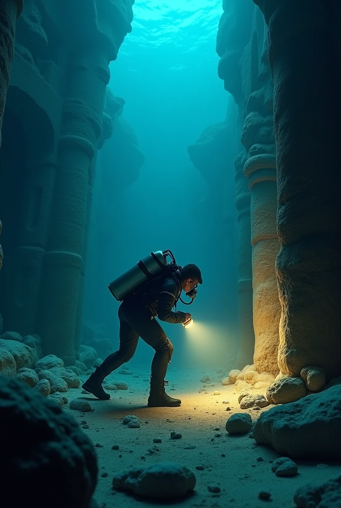 Un plongeur explore les ruines sous-marines de l'Atlantide et découvre un artefact ancien, peut-être une tablette gravée ou une statue lumineuse, qui pourrait révéler les secrets de la cité perdue. La lumière de sa lampe éclaire l'objet, créant un contraste avec l'obscurité environnante.