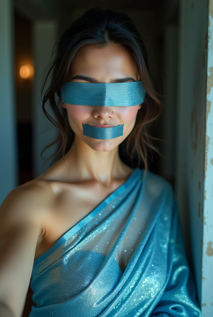 Aesthetic girl blindfolded duct tape gagged in blue sparkling shimmering saree taking selfie