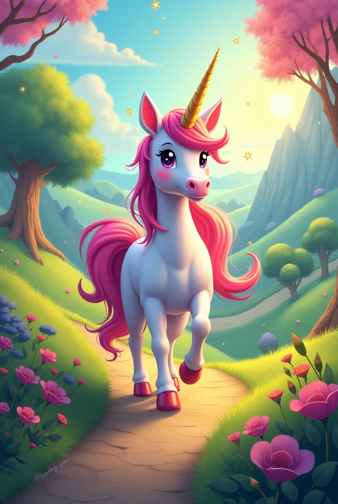 Create an image for story book title is The Adventure of Sparkle the Unicorn
Sparkle's eyes lit up. "Let's go on an adventure to find the treasure!" she suggested. And just like that, the two friends set off on their big adventure.