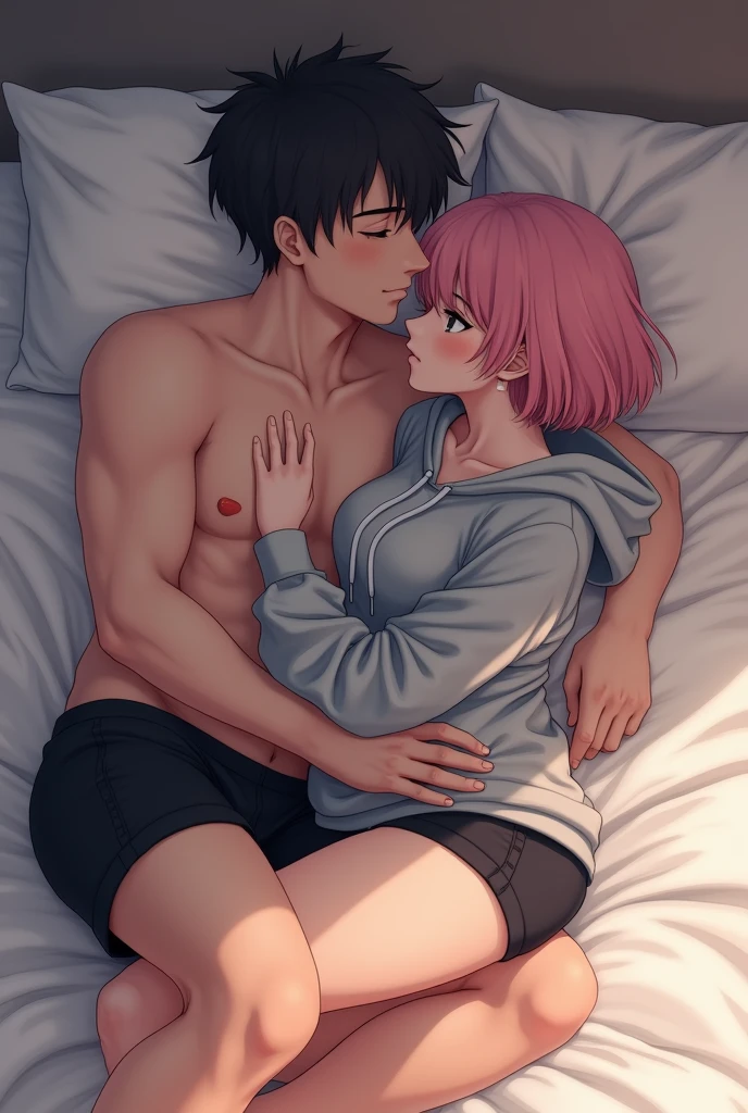 Draw a busty high school girl with pink bob cut, wearing a gray hoodie and black shorts, lying in bed with a guy.