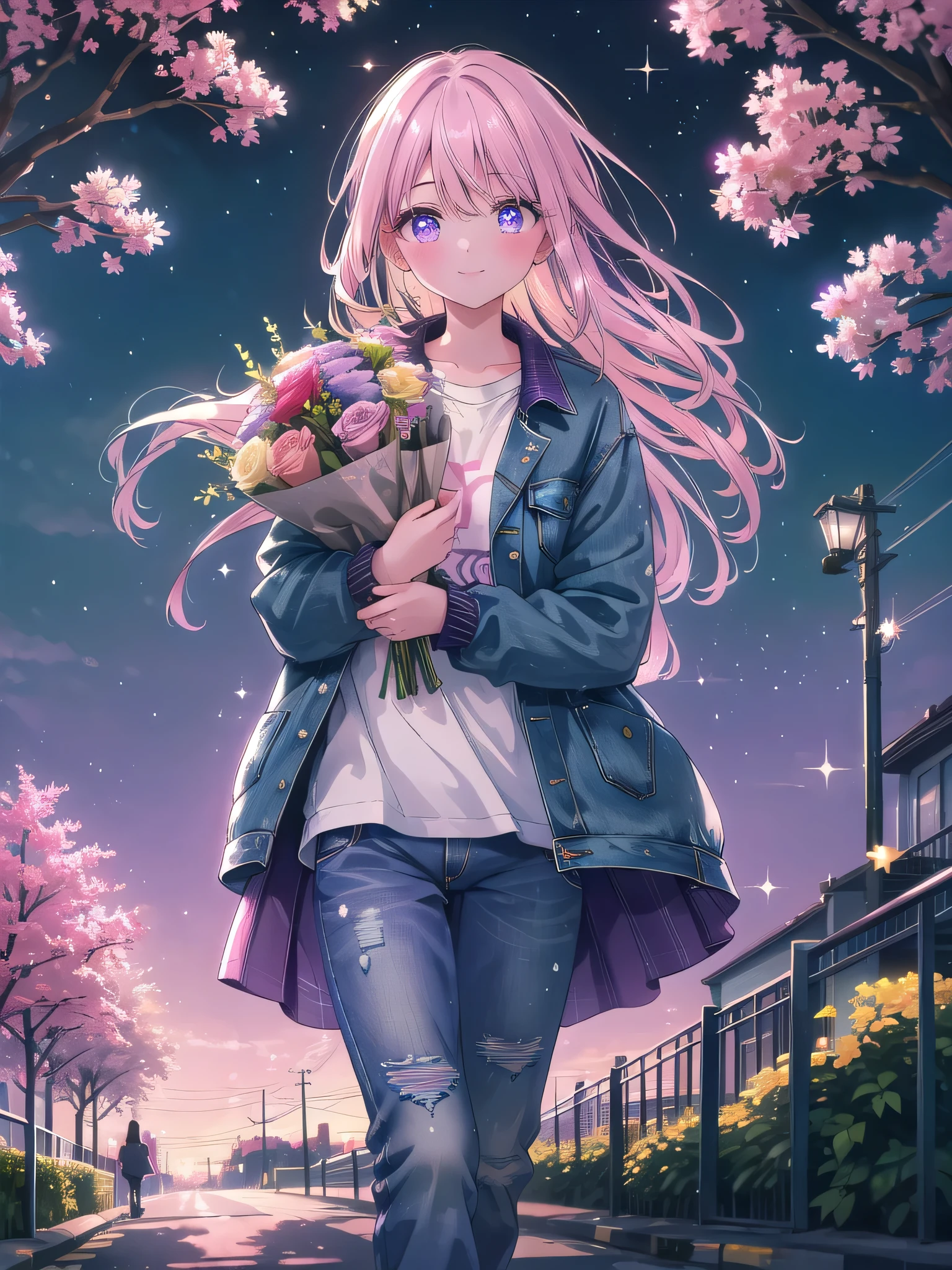 ((8k, Highest quality, masterpiece: 1.3)),Ultra-high resolution,(1 girl, alone), (Color changing eyes, Ultra-detailed, Expressive brilliance, Glitter, Glowing Eyes), Highly detailed eyes, Highly detailed face, Random Hair, ((pastel colour))Evening Stroll: The woman is walking along a quiet neighborhood street at dusk, wearing a casual jacket and jeans. She’s holding a small bouquet of flowers in one hand, looking at the camera with a gentle smile. The sky is painted with soft pinks and purples, and the street is lined with trees gently swaying in the evening breeze.