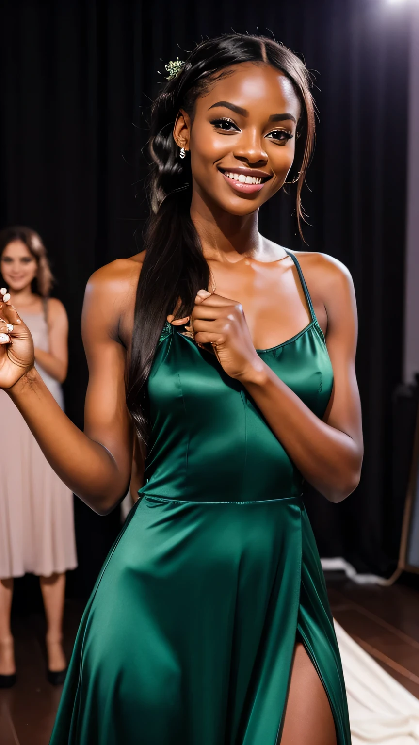 Realistic full body photo of a smiling black young girl with long hair, black skin, ponytail hairstyle, She dances in front of the camera in a long A-line bridesmaid dress with straps made of shiny dark green satin., Park,glamour fotoshooting, Wedding celebration, perfect anatomy, perfect brown eyes. Perfect hands with 5 fingers on each hand, Matching girl, look into the camera, 1 Frau. (Eye make up:1.1), (highly detailed skin:1.1), spirit, analog style, keen focus, 8K  UHD, dslr, good quality, Fujifilm XT3, Grain, Award-winning, ​masterpiece. Wedding celebration