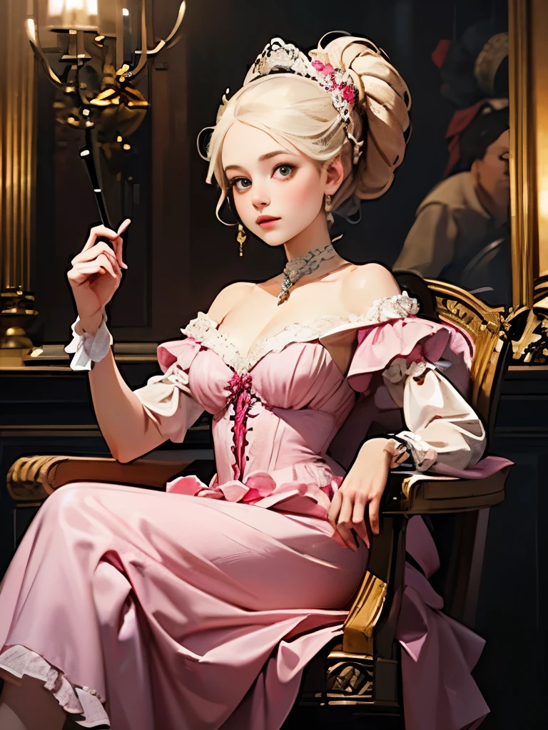 arafed woman in a pink dress sitting on a chair, rococo dress, dress in the style of rococo, rococo queen, 1 7 th century duchess, marie antoinette, rococo fashion, # rococo, 1 8 th century style, inspired by Jean-François de Troy, historical baroque dress, rococo style portrait
