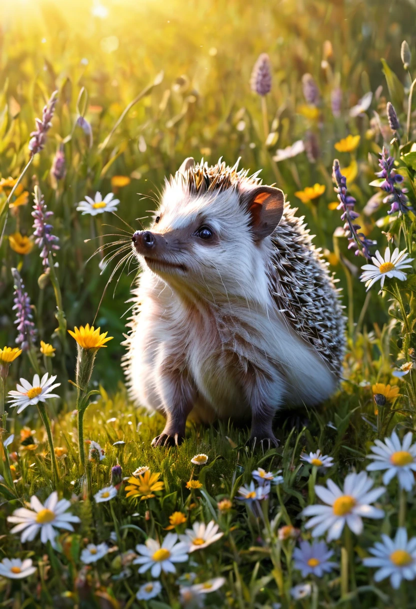 Wolpertinger from Adler + Hedgehogs in bright colors + Anime-Series, realistic representation, on a flower meadow, (best quality,4K,8k,highres,masterpiece:1.2),Ultra-detail,(Realists,photoRealists,photo-Realists:1.37),elaborate details,cinematic lighting,The Fantasy,Digital Drawing,surreal,Very detailed,Film composition,keen focus,photoRealists,hyperRealists,mystical,Ethereal,fantastic,exhilarated,noticeable,dream-like,conceptual,imaginative