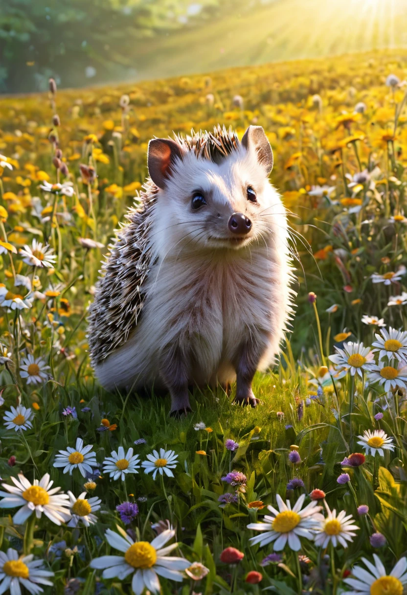 Wolpertinger from Adler + Hedgehogs in bright colors + Anime-Series, realistic representation, on a flower meadow, (best quality,4K,8k,highres,​masterpiece:1.2),Ultra-detail,(Realists,photoRealists,photo-Realists:1.37),elaborate details,cinematic lighting,The Fantasy,Digital Drawing,surreal,Very detailed,Film composition,keen focus,photoRealists,hyperRealists,mystical,Ethereal,fantastic,exhilarated,noticeable,dream-like,conceptual,imaginative
