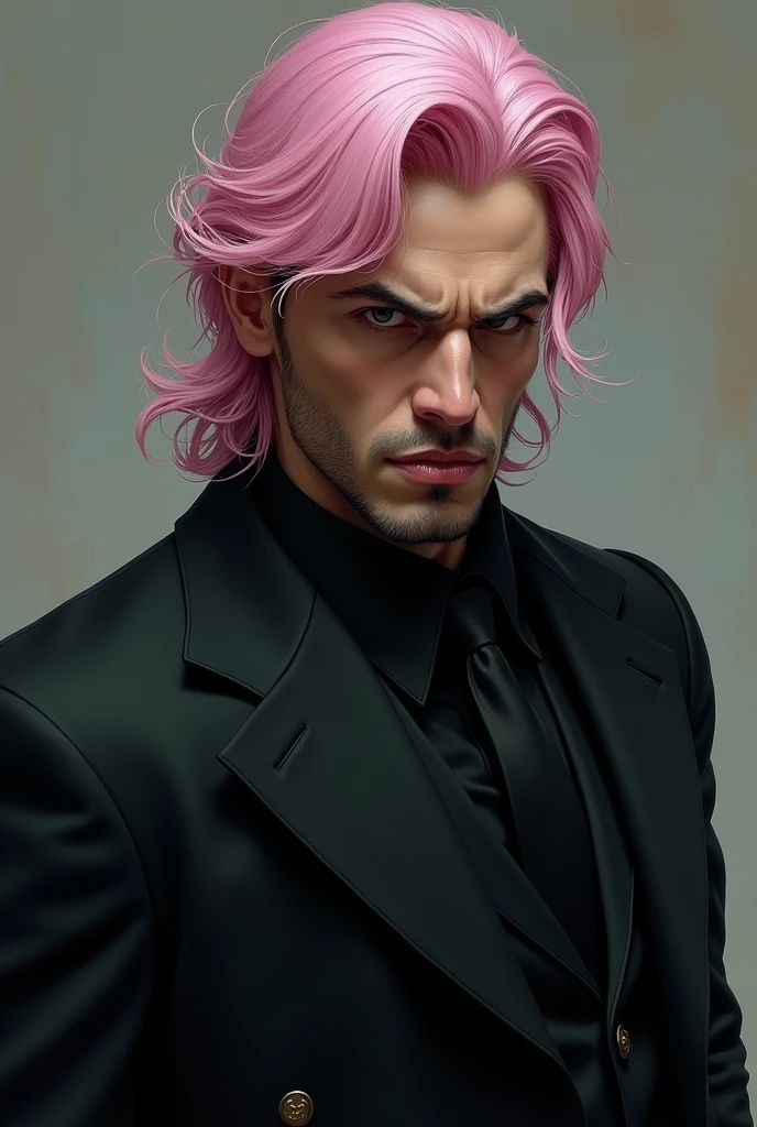Mafia man in black suit, significant face, stern look , hazel eyes, pink lips , pastel pink hair 