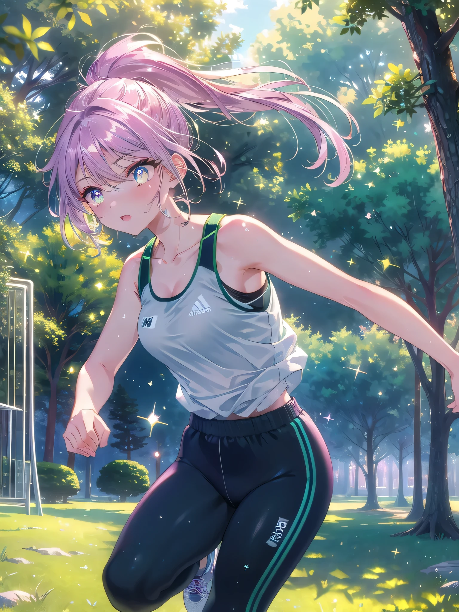 ((8k, Highest quality, masterpiece: 1.3)),Ultra-high resolution,(1 girl, alone), (Color changing eyes, Ultra-detailed, Expressive brilliance, Glitter, Glowing Eyes), Highly detailed eyes, Highly detailed face, Random Hair, ((pastel colour))Morning Workout: The woman is jogging in a park, wearing a sports tank top and leggings. She’s looking at the camera with a determined, focused expression, her hair tied back in a ponytail. The park is filled with early morning light, and the path is surrounded by tall trees and green grass.