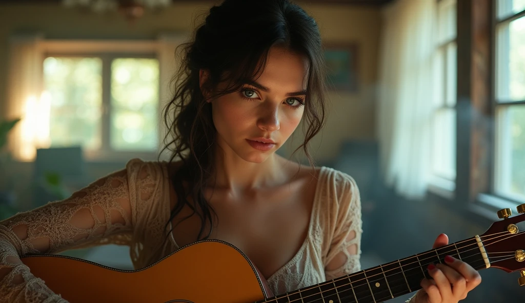 ((best quality)), ((masterpiece)), (detail), perfect face, panoramic photo of a young Russian woman playing guitar in a vintage house next by windows, woman with V-line face and blue eyes, clear face, clear guitar, Latin style surreal photo, 8k, ultra high resolution, sharp face