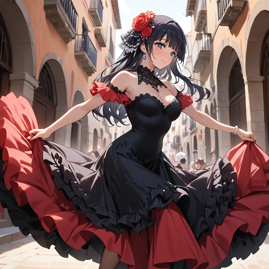 ((Highest quality)), ((masterpiece)), (detailed), （Perfect Face）、The woman is Reika Aoki with semi-long hair、Woman dancing flamenco in flamenco dress in Spain