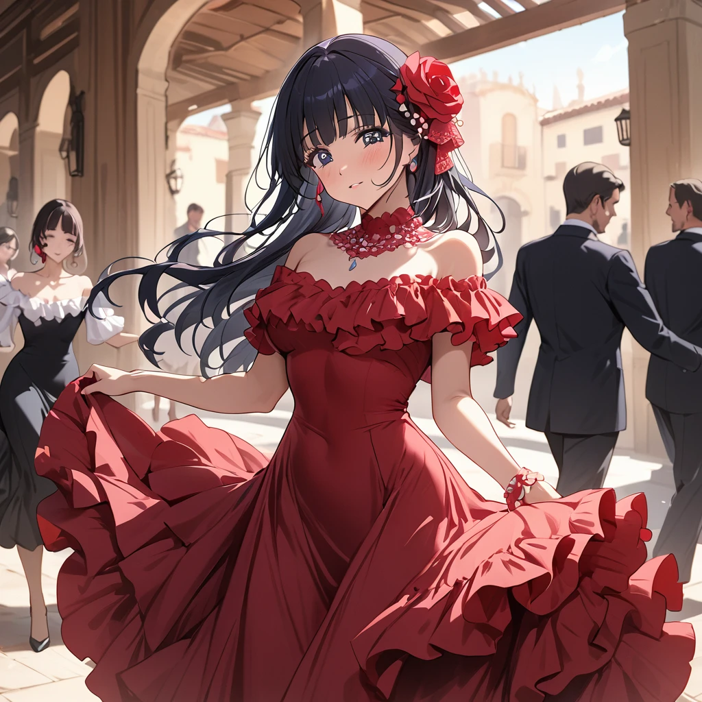 ((Highest quality)), ((masterpiece)), (detailed), （Perfect Face）、The woman is Reika Aoki with semi-long hair、Woman dancing flamenco in flamenco dress in Spain