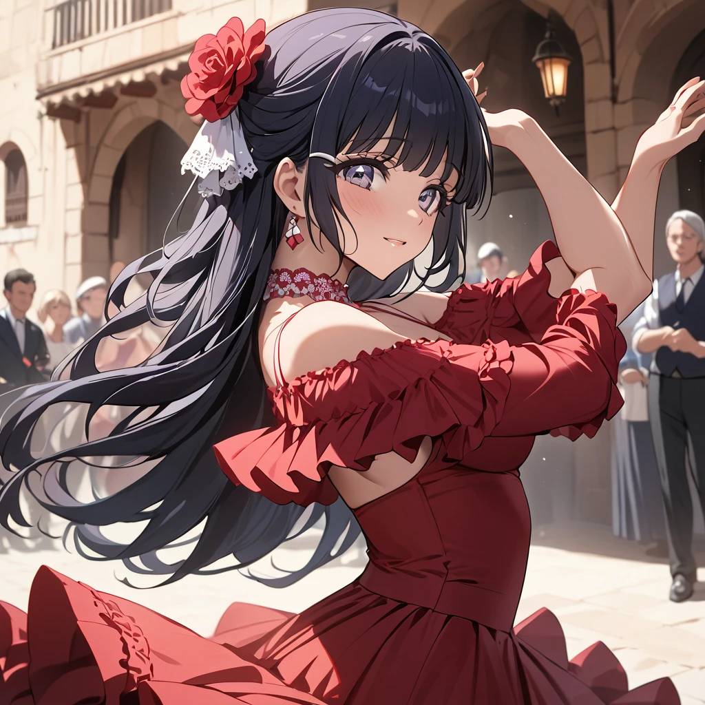 ((Highest quality)), ((masterpiece)), (detailed), （Perfect Face）、The woman is Reika Aoki with semi-long hair、Woman dancing flamenco in flamenco dress in Spain