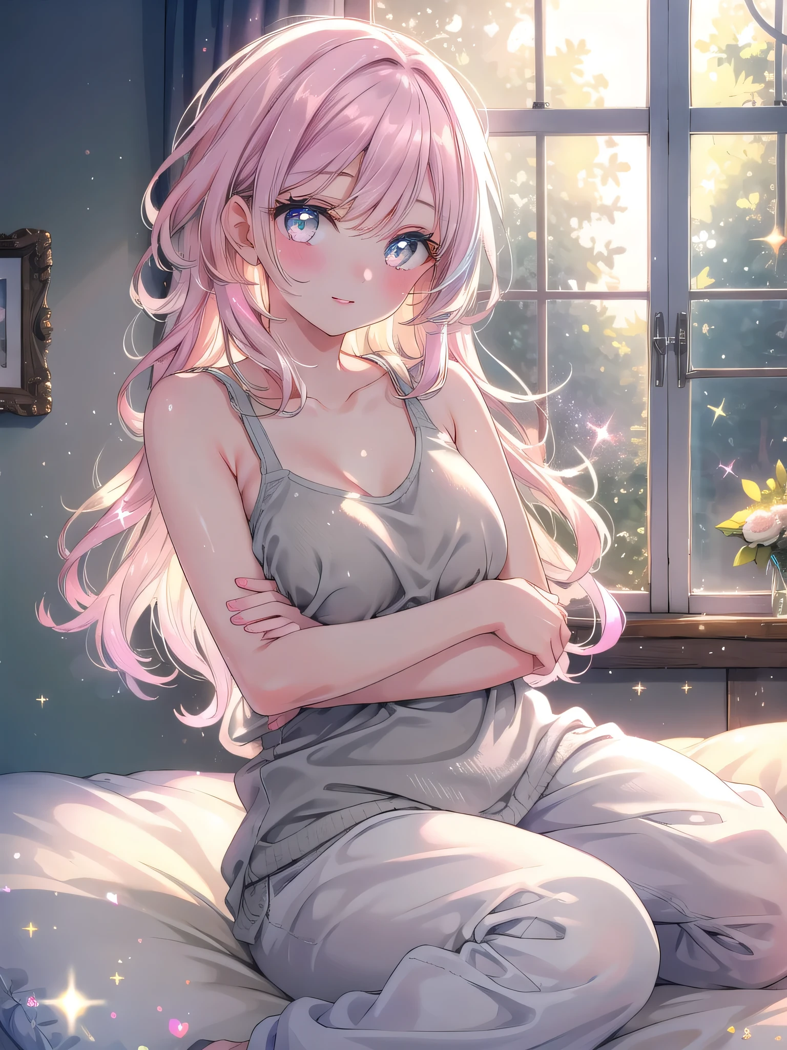 ((8k, Highest quality, masterpiece: 1.3)),Ultra-high resolution,(1 girl, alone), (Color changing eyes, Ultra-detailed, Expressive brilliance, Glitter, Glowing Eyes), Highly detailed eyes, Highly detailed face, Random Hair, ((pastel colour))Morning Sunlight
In a cozy, sunlit bedroom, a woman sits on the edge of a bed, her legs curled under her as she gazes warmly at the camera. She wears a casual white tank top that slightly hugs her figure and light grey sweatpants that rest comfortably on her hips. The soft morning light filters through the window, casting a gentle glow on her face and highlighting the loose strands of her tousled hair. Her expression is tender and affectionate, her lips curled into a subtle smile as if sharing a quiet moment of love.