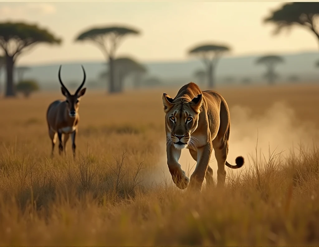 The Silent Stalk
Scene: The video opens with a wide shot of the savannah, with a lone antelope grazing peacefully. The camera slowly zooms in on the antelope, highlighting its calm demeanor.
Suspense Build: Suddenly, the camera cuts to the tall grass where a lioness is crouched, her eyes locked on the prey. The music intensifies as the lioness moves stealthily through the grass, almost invisible.
Climax: Just as the lioness is about to pounce, the antelope's head jerks up, sensing danger. The screen fades to black, leaving the audience in suspense about what happens next.
End Text: "The wild is full of surprises… Stay tuned."