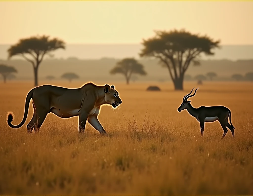 The Silent Stalk
Scene: The video opens with a wide shot of the savannah, with a lone antelope grazing peacefully. The camera slowly zooms in on the antelope, highlighting its calm demeanor.
Suspense Build: Suddenly, the camera cuts to the tall grass where a lioness is crouched, her eyes locked on the prey. The music intensifies as the lioness moves stealthily through the grass, almost invisible.
Climax: Just as the lioness is about to pounce, the antelope's head jerks up, sensing danger. The screen fades to black, leaving the audience in suspense about what happens next.
End Text: "The wild is full of surprises… Stay tuned."